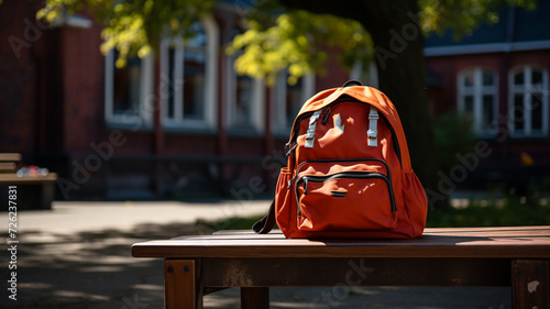 Backpack with school supplies on wooden table High Dynamic Range tone