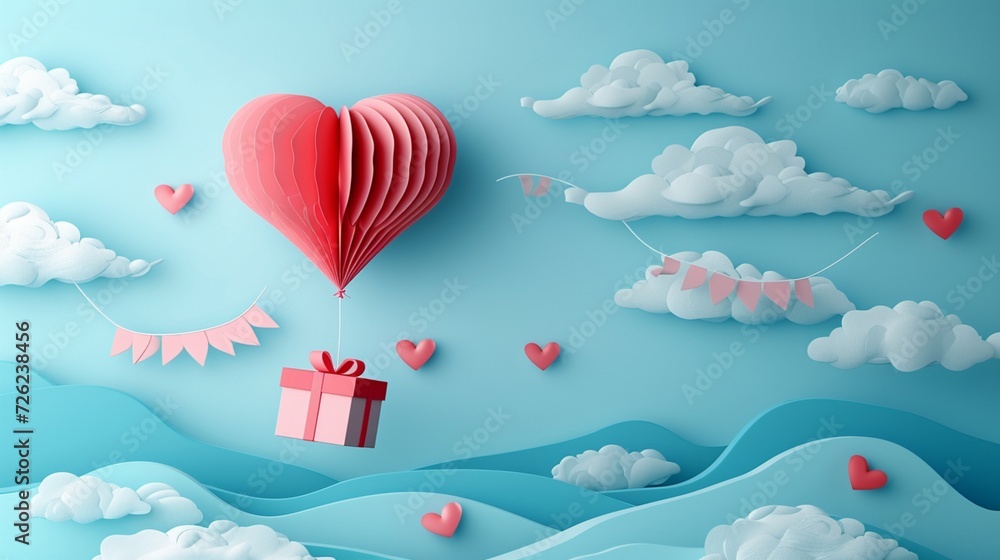 
Heart-shaped balloon floating above a gift box against the sky, banners wishing a joyful Valentine's Day, all presented in a paper art style