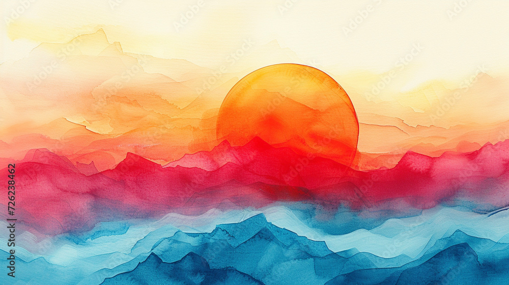 抽象的な太陽のある風景の水彩画 Generative AI 抽象的な太陽のある風景の水彩画 Generative AI