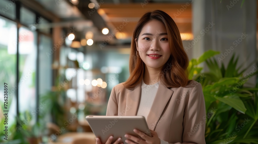Client-focused Asian saleswoman with digital tablet, office backdrop