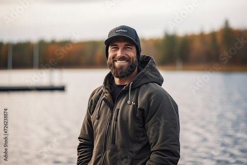 Portrait of a handsome bearded man in a black jacket and cap standing by the lake. © Nerea