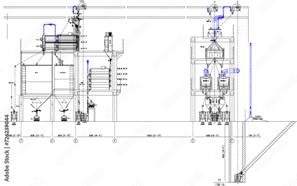 Vector sketch illustration of technical drawing design for erection drawing cross section Grid in factory industry Vector sketch illustration of technical drawing design for erection drawing cross section Grid in factory industry