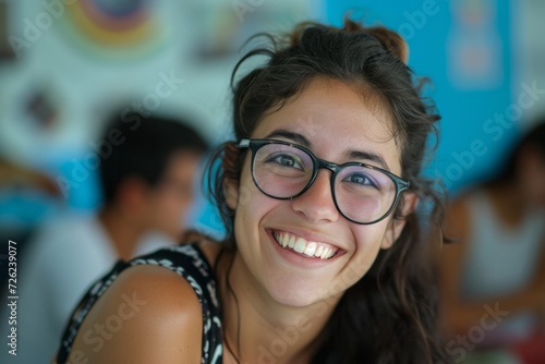 Portrait of a cheerful young woman with glasses smiling indoors with a blurred background.