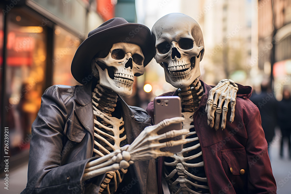 Two people dressed in skeleton costumes taking a selfie with a mobile phone in the city, on Halloween or the Day of the Dead Two people dressed in skeleton costumes taking a selfie with a mobile phone in the city, on Halloween or the Day of the Dead