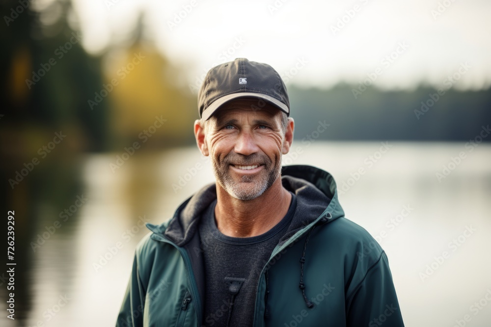 Portrait of smiling senior man in cap standing by the lake.