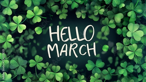 Hello March. Green clover leaves as background.