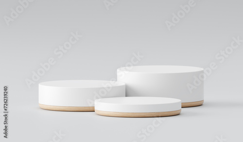 Fototapeta Naklejka Na Ścianę i Meble -  Modern white podium wood surface display 3d show stage background with minimal product pedestal platform presentation scene empty mockup showcase stand natural cosmetic advertising wooden backdrop.