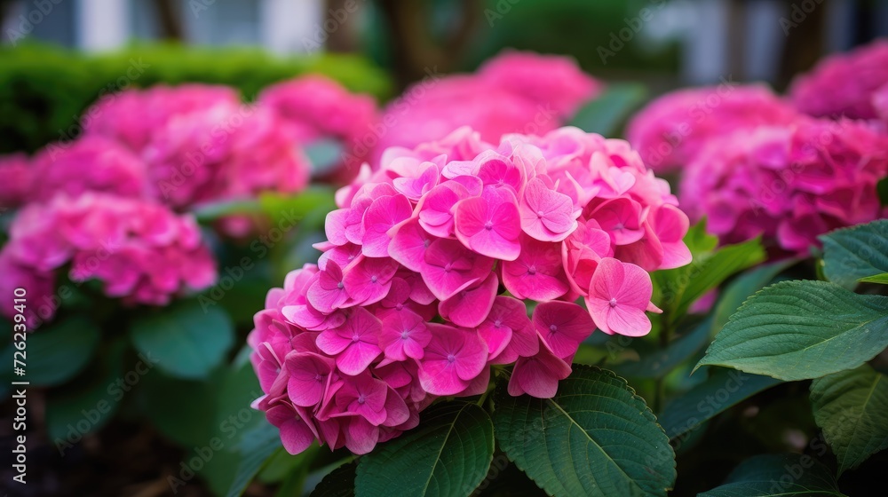 Pink hydrangea. Beautiful flowers in a flower bed in the garden. A spring flower. Postcard for Women's Day, Valentine's Day, wedding.
