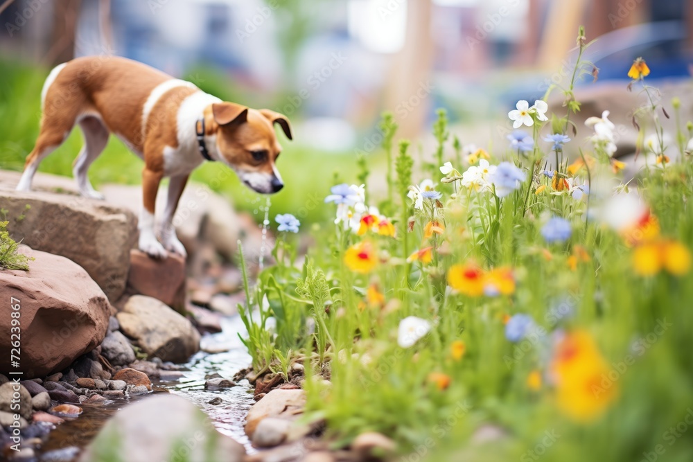 dog sniffing at the colorful spring flowers by a brook - obrazy, fototapety, plakaty 