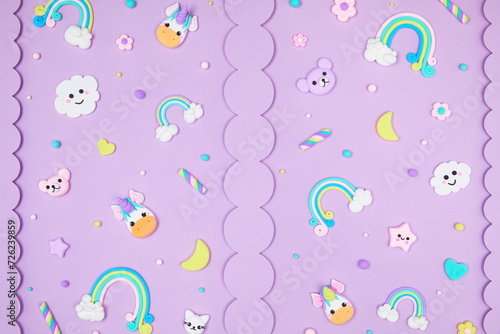 Trendy pastel purple kawaii banner background design template with cute air plasticine handmade cartoon animals, unicorns, stars, rainbows pattern. Top view, flat lay. Candycore, fairycore