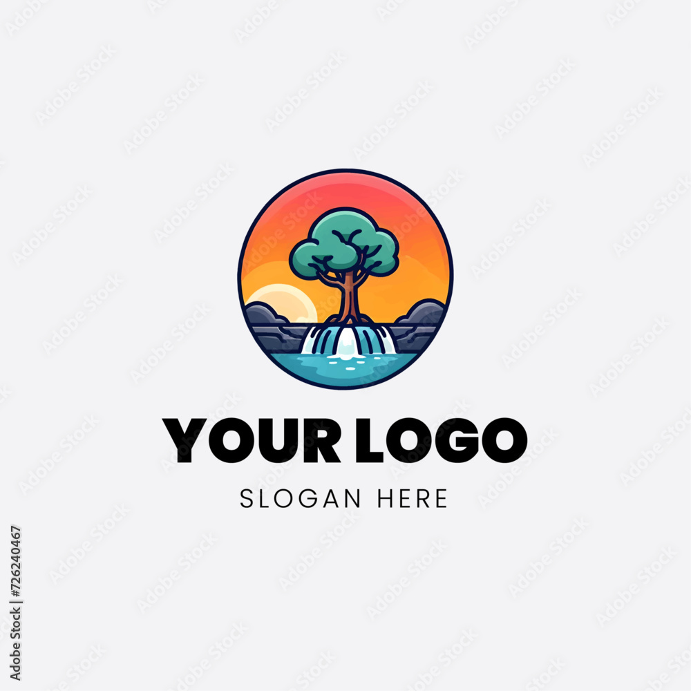 Flat logo icon sunset waterfall with tree Flat logo icon sunset waterfall with tree