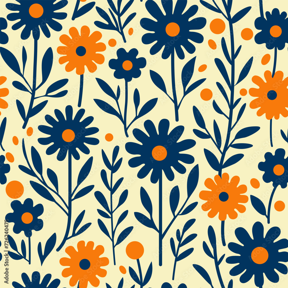 Seamless vector pattern of abstract flat meadow flowers, leaves and grasses, dark blue and orange stylized illustration of chamomiles. Seamless vector pattern of abstract flat meadow flowers, leaves and grasses, dark blue and orange stylized illustration of chamomiles.