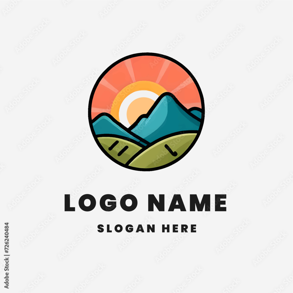 flat sunrise mountain and hills logo emblem flat sunrise mountain and hills logo emblem