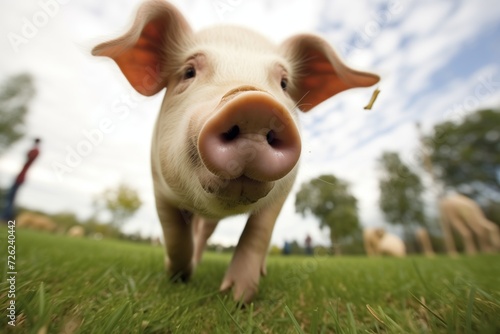 fisheye shot of pig running, focus on the snout and trotters photo