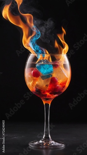 Colored cocktail on fire on a dark background  close-up