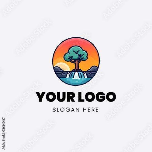 Flat logo icon sunset waterfall with tree