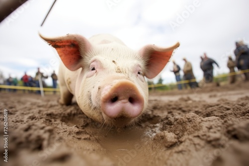 pig rolling in mud, fisheye lens capturing the action up close photo