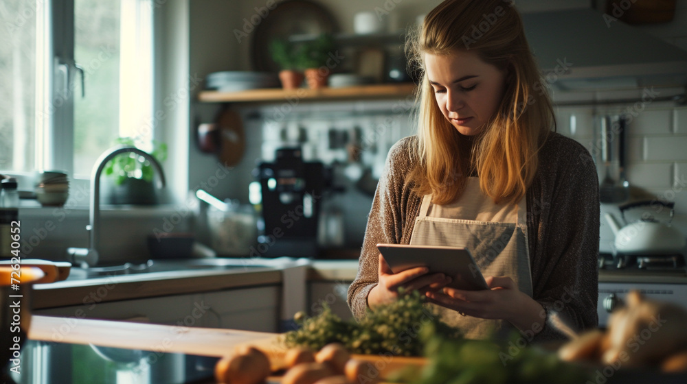 woman is preparing to cook while looking at the tablet on the kitchen table, minimalism kitchen, watching the recipe cooking tutorial.