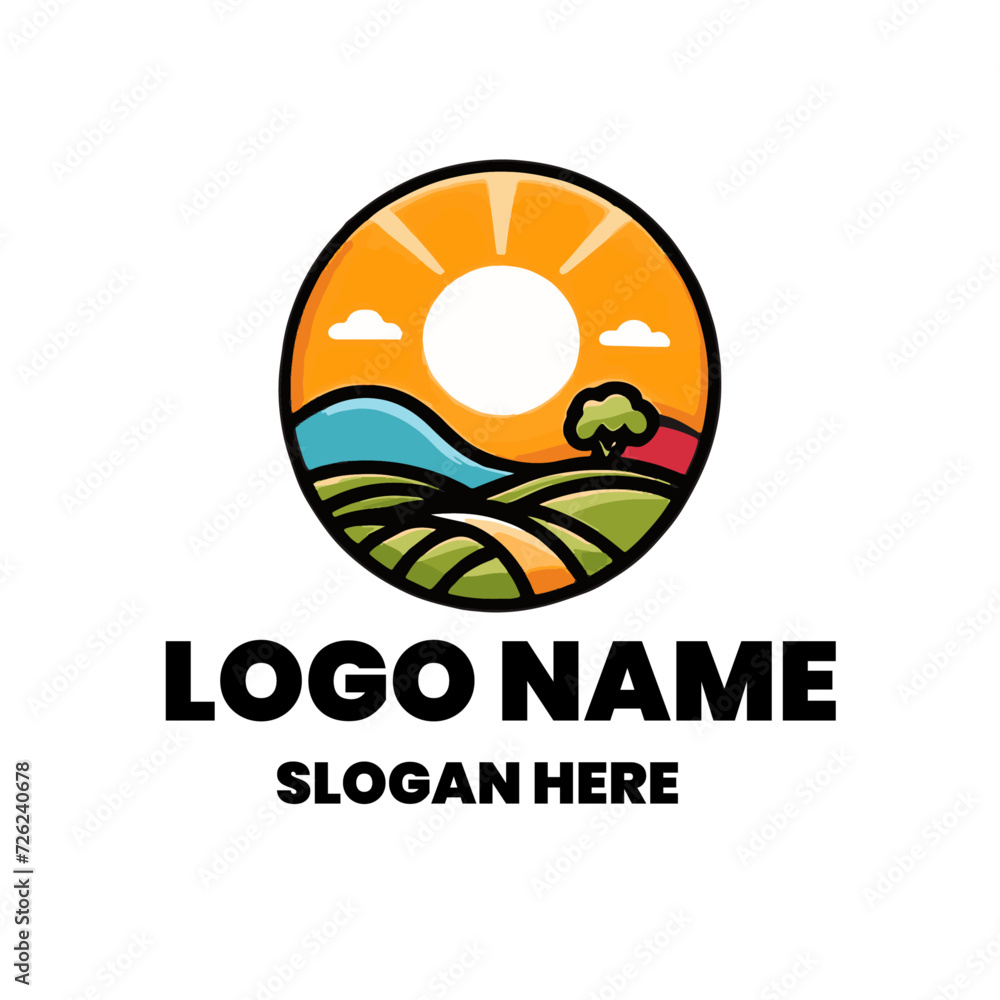 Flat logo icon sunrise farm field Flat logo icon sunrise farm field