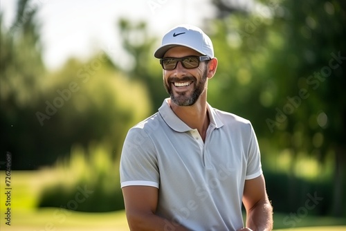 Portrait of a smiling male golfer standing with arms crossed at golf course