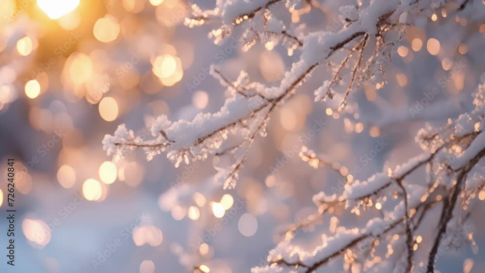 Closeup of a snowcovered tree branch the frozen droplets shimmering under the Arctic Glow and creating a fairy talelike scene. Closeup of a snowcovered tree branch the frozen droplets shimmering under the Arctic Glow and creating a fairy talelike scene.
