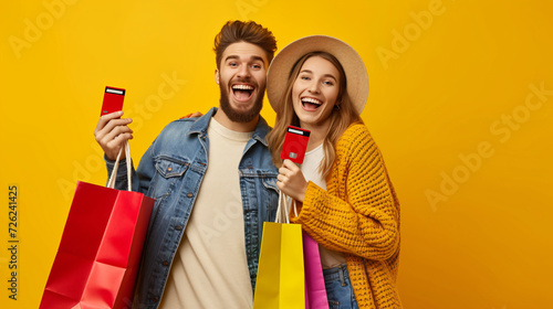 A beaming couple, overwhelmed with happiness, enjoys a shopping spree. The man holds vibrant shopping bags, while the woman grasps a red credit card, ready to indulge in their favorite activ photo