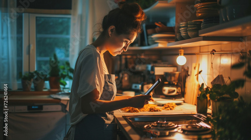 woman is preparing to cook while looking at the tablet on the kitchen table, minimalism kitchen, watching the recipe cooking tutorial.