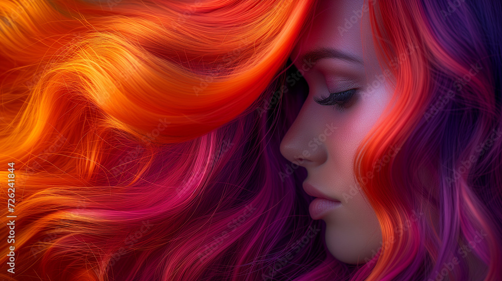 A close-up capture of vibrant, textured flowing hair, illuminated by dramatic lighting to accentuate its intricate details, resulting in a visually striking and artistic composition.