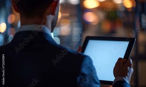 close up shot of blank white screen tablet used by a businessman wearing suit, rear view of man, at the work desk, minimalism office room.
