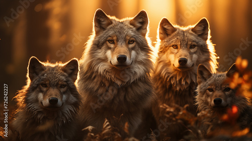 A breathtaking portrait of a pack of wolves gathered in a dense forest clearing. © ZethX