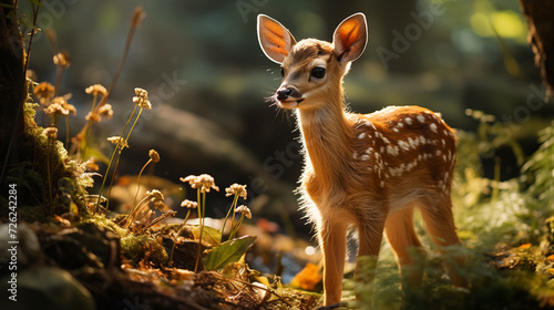 A fawn standing in a sun-dappled clearing of forest.