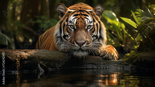 A Sumatran tiger lying in repose beside a tranquil jungle stream.