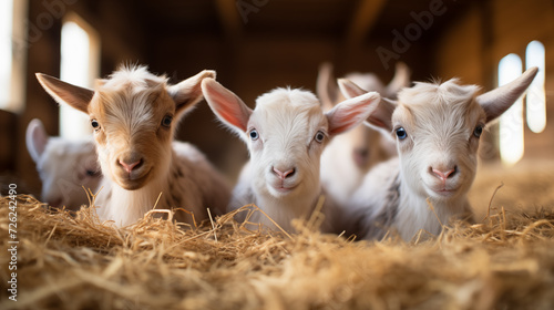 Close-up of  three white goats in a barn. photo