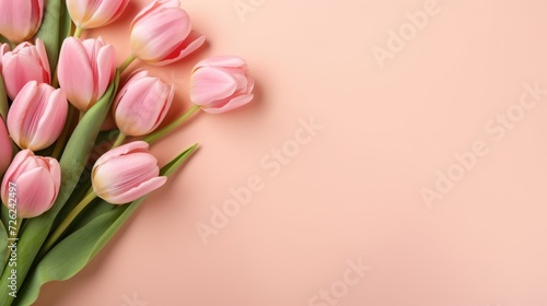 Pink tulips with fresh green leaves on a pink background. Beautiful background for a holiday  valentine s day  women s day. An empty space for the text.
