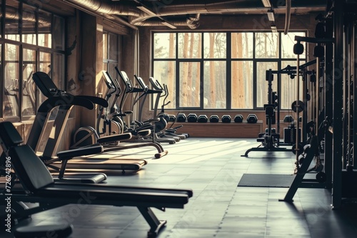 An empty gym scene with various types of equipment ready for use. © Straxer