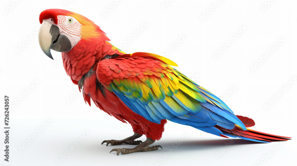 A vibrant and lifelike 3D rendering of a stunning parrot, showcasing every intricate detail of its colorful feathers. Against a clean white background, this captivating artwork pops with its