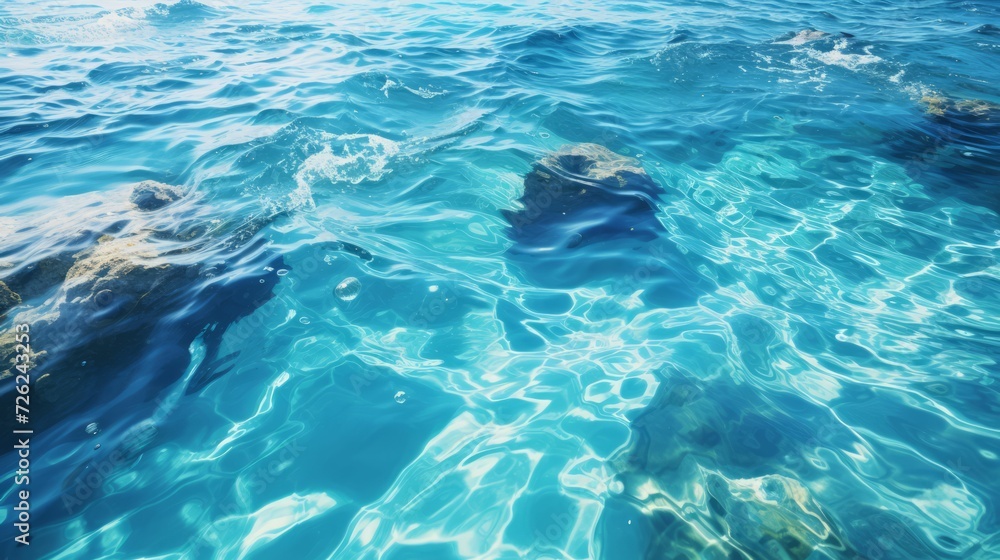 Fototapeta premium Blue ripped sea water as swimming pool. Crystal clear ocean lagoon bay turquoise blue azure water surface, closeup natural environment. Tropical Mediterranean beach water background.