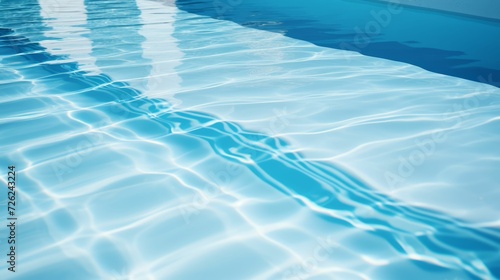 Blue shadows of pool with steps into, sunny summer mood. Ripples water surface, fun recreational outdoor sport background. Abstract swimming aqua texture, natural pattern. photo