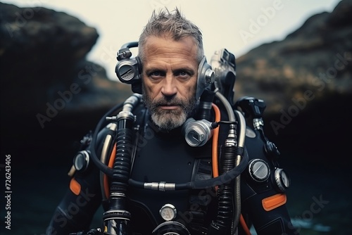 Portrait of a senior male scuba diver with scuba equipment © Nerea