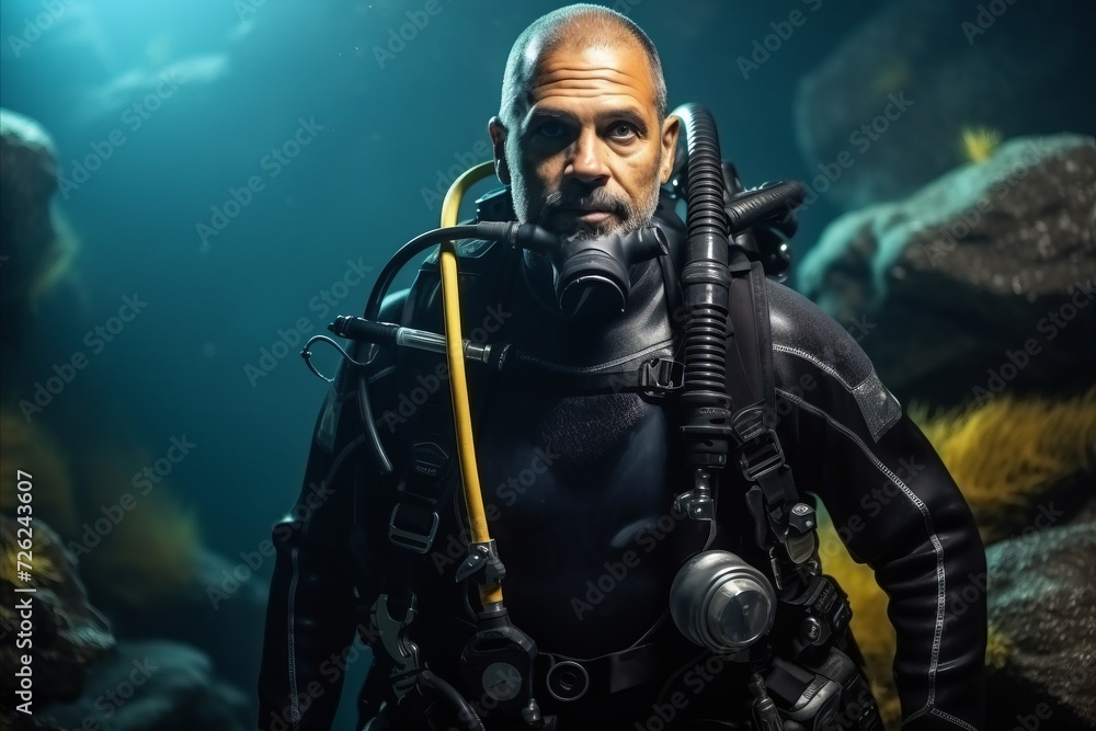 Portrait of a man scuba diver in the underwater world.