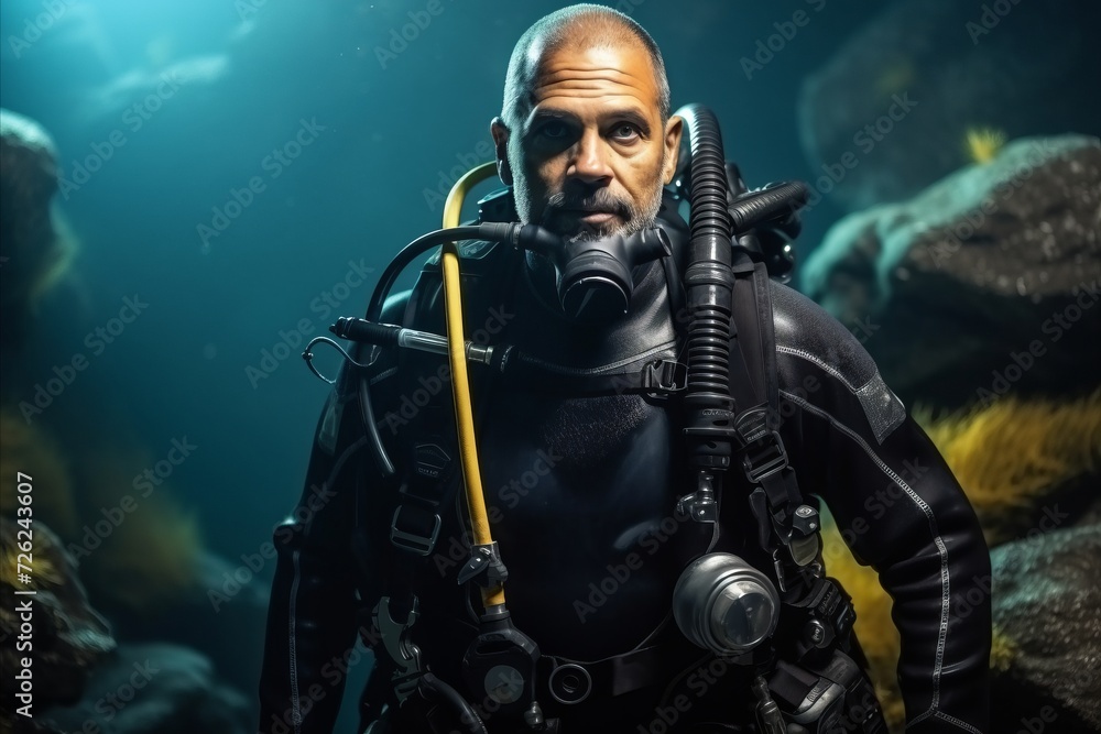 Portrait of a man scuba diver in the underwater world. Portrait of a man scuba diver in the underwater world.