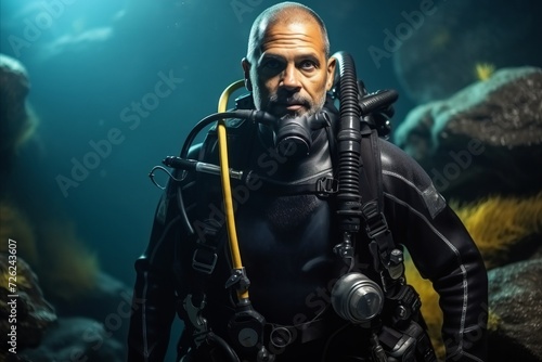 Portrait of a man scuba diver in the underwater world. © Nerea