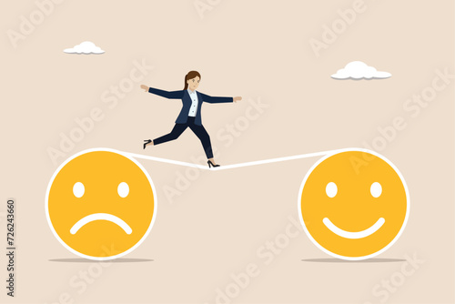 Relaxation make anxiety or stressed to happy, bipolar disorder or mindful thinking concept, depressed woman walk the line from sadness to happiness face.