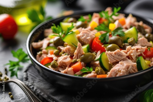 Canned tuna salad with fresh vegetables, capers and olives in a black bowl. Healthy lunch or dinner. 