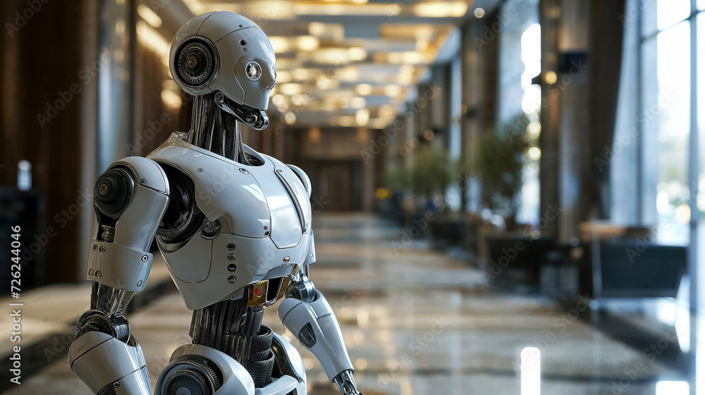 Advanced robot in a modern lobby interior. Advanced robot in a modern lobby interior.