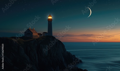 lighthouse and crescent moon