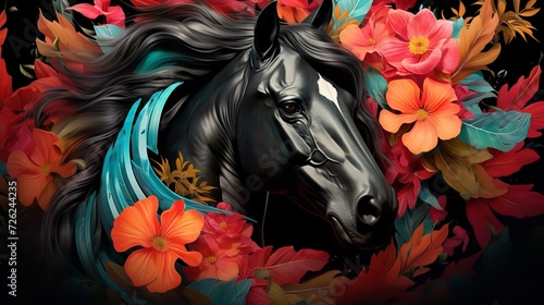 Painting of a Black Horse Head with Colorful Tribal Accents - Equestrian Artistry  