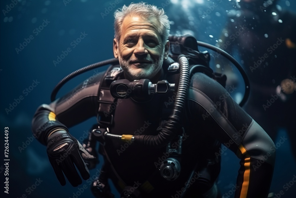 Portrait of senior male scuba diver looking at camera over dark background Portrait of senior male scuba diver looking at camera over dark background