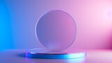 Glass circle backdrop on blue-pink gradient 3D podium for product showcase