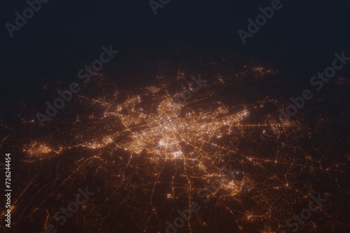 Aerial shot on Warsaw (Poland) at night, view from west. Imitation of satellite view on modern city with street lights and glow effect. 3d render